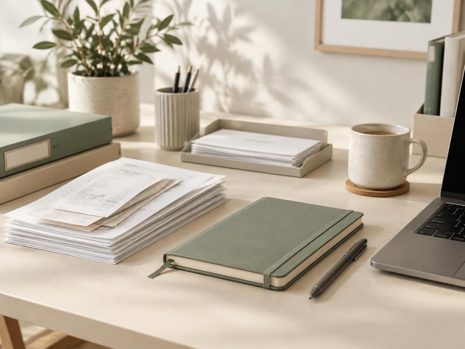 Geordneter Arbeitsplatz mit Belegen, Ablage und Notizbuch